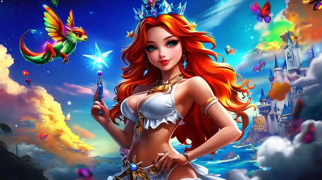 A vibrant fantasy scene featuring a beautiful princess with fiery red hair and a crown, holding a magic wand, with a small winged dragon and a fairytale castle in the background, embodying the magical world of app2222.