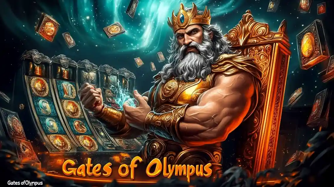 A majestic Zeus figure on a golden throne, surrounded by floating cards and a app2222 slot machine, with Gates of Olympus prominently displayed, inviting players to a mythical gaming experience.