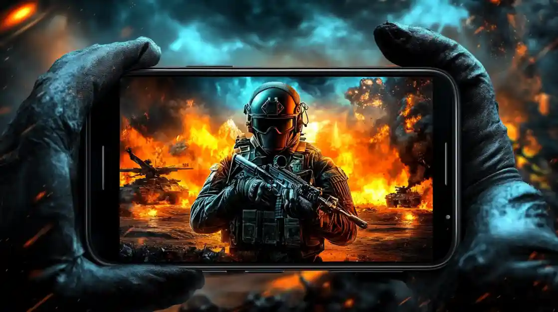 Hands holding a smartphone displaying an intense military shooter game with a soldier amidst explosions and tanks, showcasing the immersive action available on app2222.