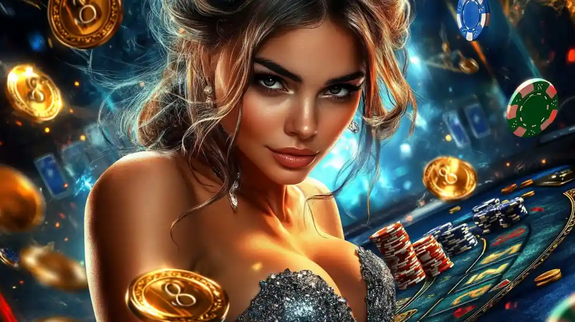 A beautiful woman in a glittering dress gives a captivating look while at a app2222 casino table, surrounded by floating gold coins, casino chips, and a roulette wheel.
