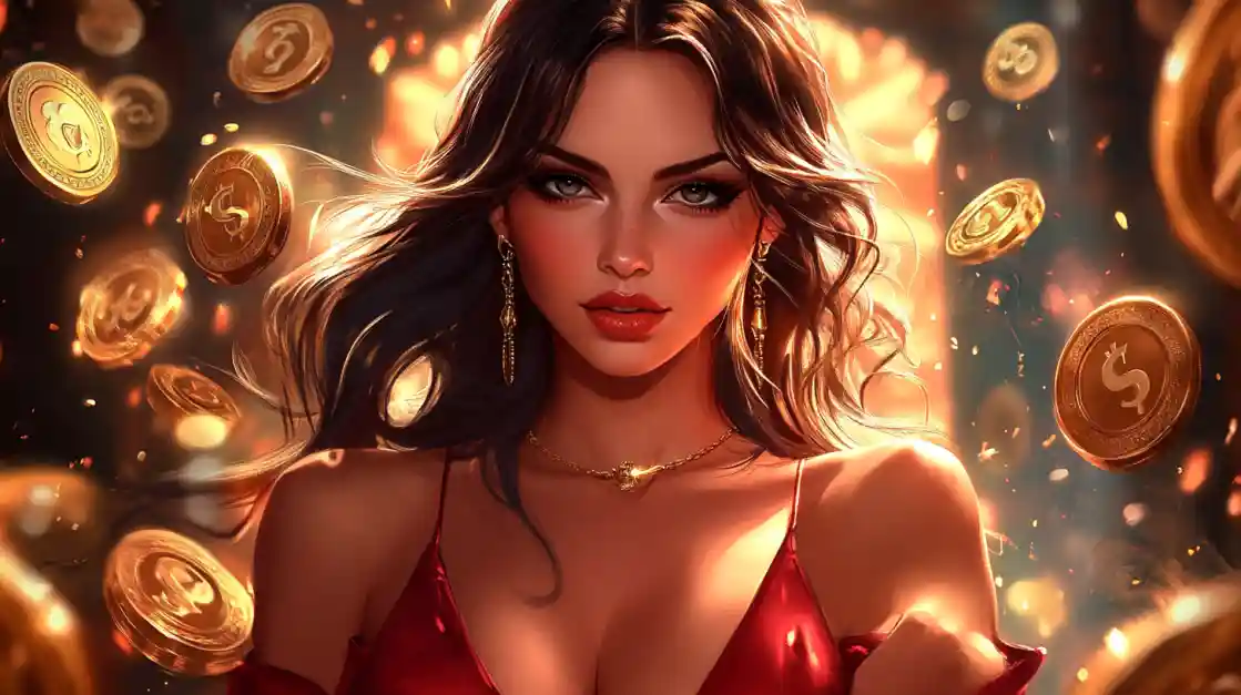 A stunning woman in a red dress, adorned with delicate jewelry, looks directly at the viewer as a shower of golden app2222 coins rains down around her, symbolizing big wins.