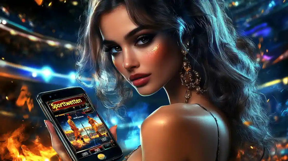 A glamorous woman with elegant makeup looks over her shoulder, holding a smartphone displaying the app2222 sports betting app against a vibrant stadium backdrop with fire effects.